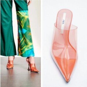 ZARA Vinyl heeled mules pointed toes transparent heels rose color Size 38 US 7.5